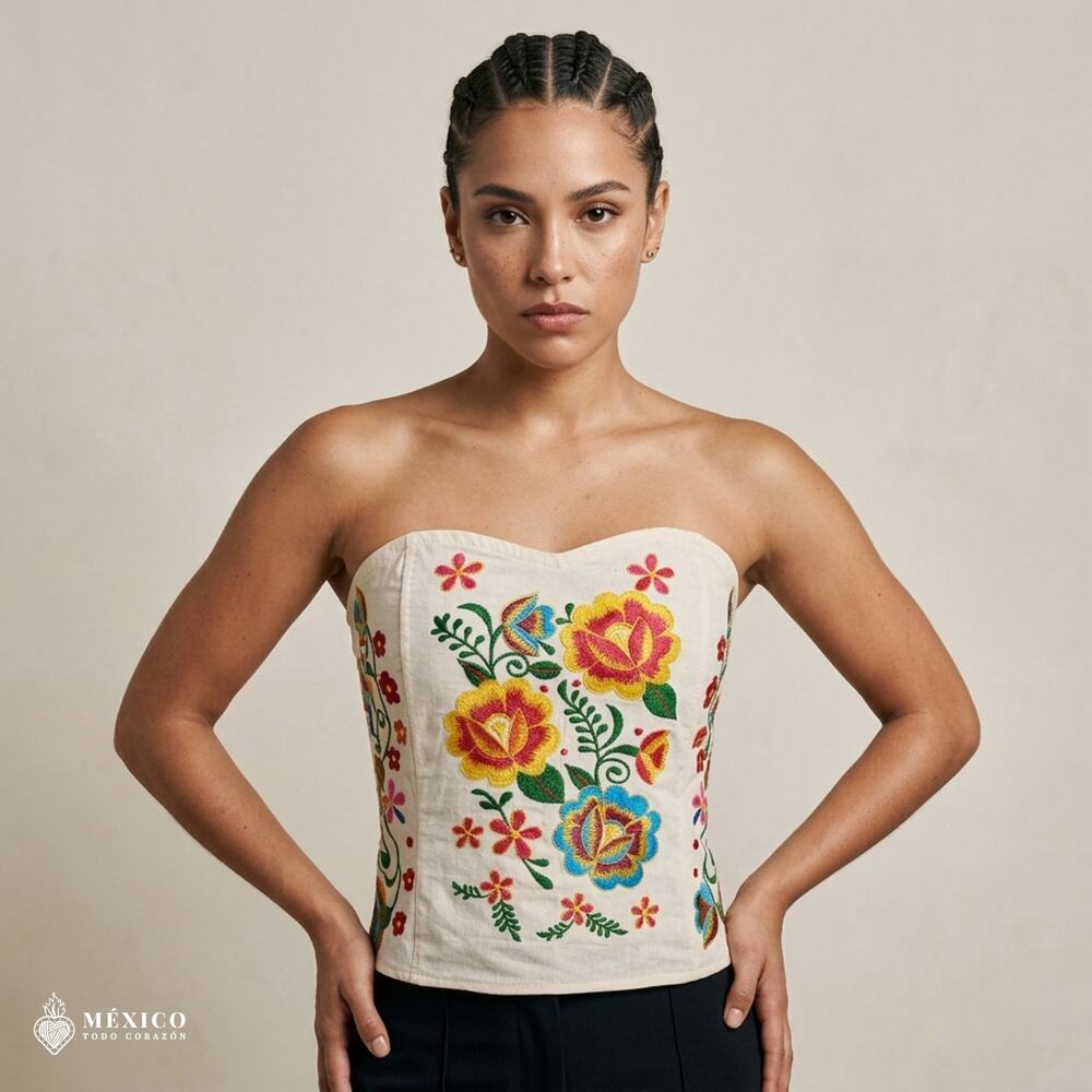 Mexican Embroidered Cotton Manta Corset Top – Handmade Floral Artisan Blouse